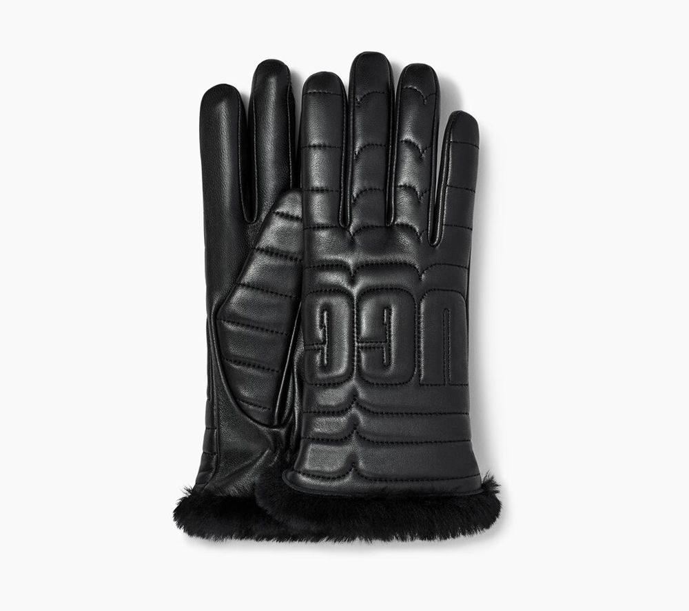 Ugg Glove Womens - Ugg Leather Quilted Logo Tech Black - 675LQODUR